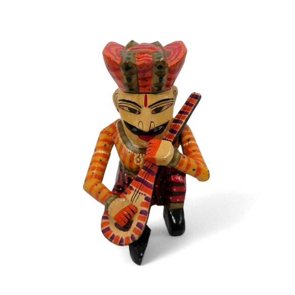 INDIAN MUSICIAN Figurine Sitar Player Wooden Handcrafted India Vintage 6" Tall - Picture 2 of 10
